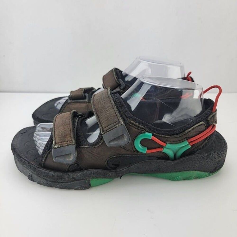 Lands End Kids Size 8 Brown Green Red Leather Hook Loop Outdoors Sandals